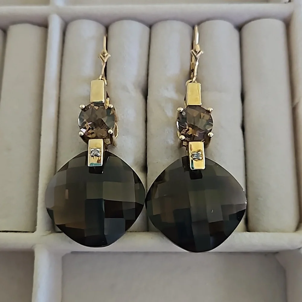 Vintage Smokey Topaz Diamond Accent Gold Drop Earrings - Picture 1 of 8